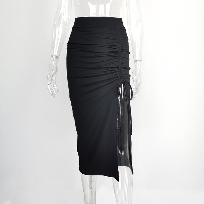 Color-Black-Summer New Women Clothing Sexy Solid Color High Waist Slimming Slit Pleating Skirt-Fancey Boutique