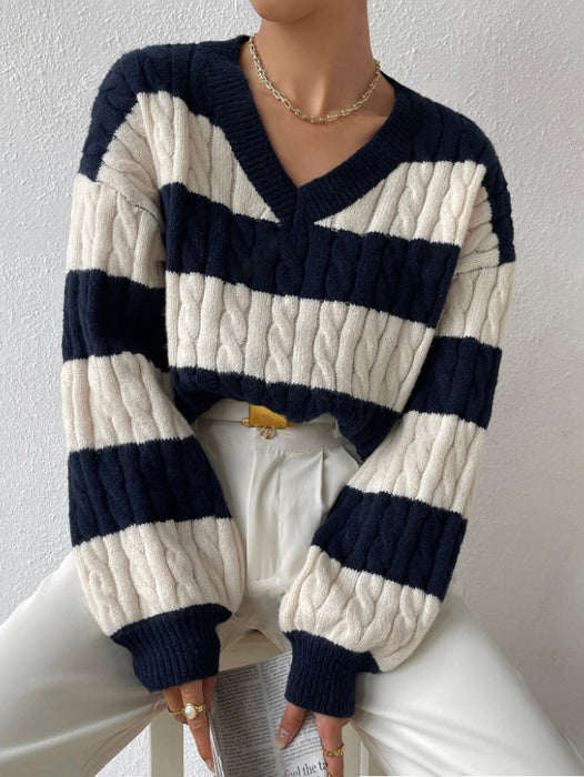 Autumn Winter Lazy Knitwear Loose Women V Neck Retro Contrast Color Striped Sweater-Fancey Boutique