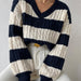 Autumn Winter Lazy Knitwear Loose Women V Neck Retro Contrast Color Striped Sweater-Fancey Boutique