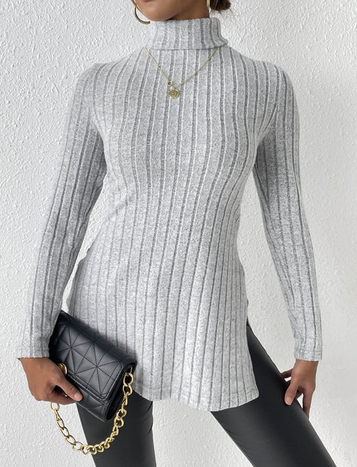 Color-Grey-Women Turtleneck Pullover Women Clothing Autumn Winter Slit Slim Fitting Bottoming Shirt Pit Striped Mid Length-Fancey Boutique