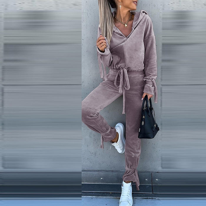 Color-Gray-Autumn Winter Women Clothing Loose Pleuche Long Sleeve Hooded Sweater Trousers Set-Fancey Boutique