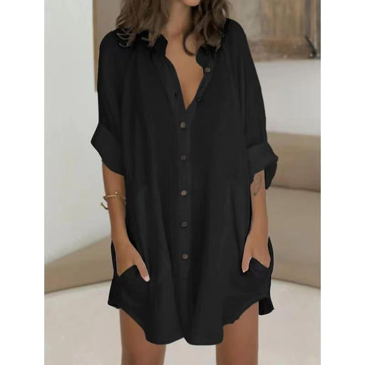 Color-Black-Autumn Winter Casual Loose Single Breasted Shirt Dress Women-Fancey Boutique