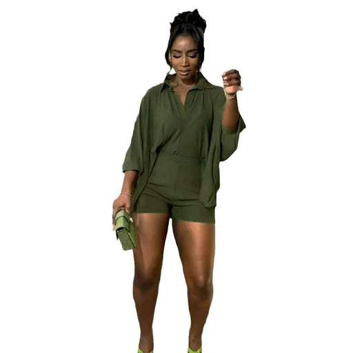 Women Sexy Solid Color Batwing Sleeve Shirt Loose Two Piece Set-Dark Green-Fancey Boutique