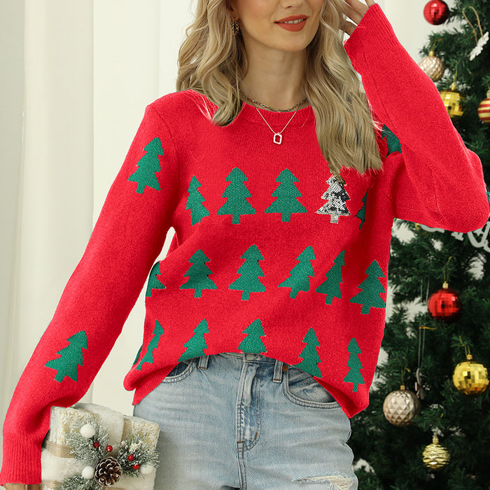 Color-Red-Women Clothing Autumn Winter Pullover Jacquard Christmas Tree Knitted Sweater Long Sleeve Red Christmas Sweater-Fancey Boutique