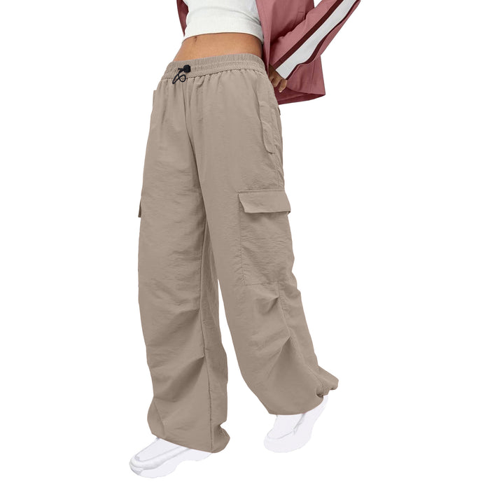 Color-Khaki-Women Clothing Solid Color Nylon Multi Pocket Loose Cargo Pants-Fancey Boutique