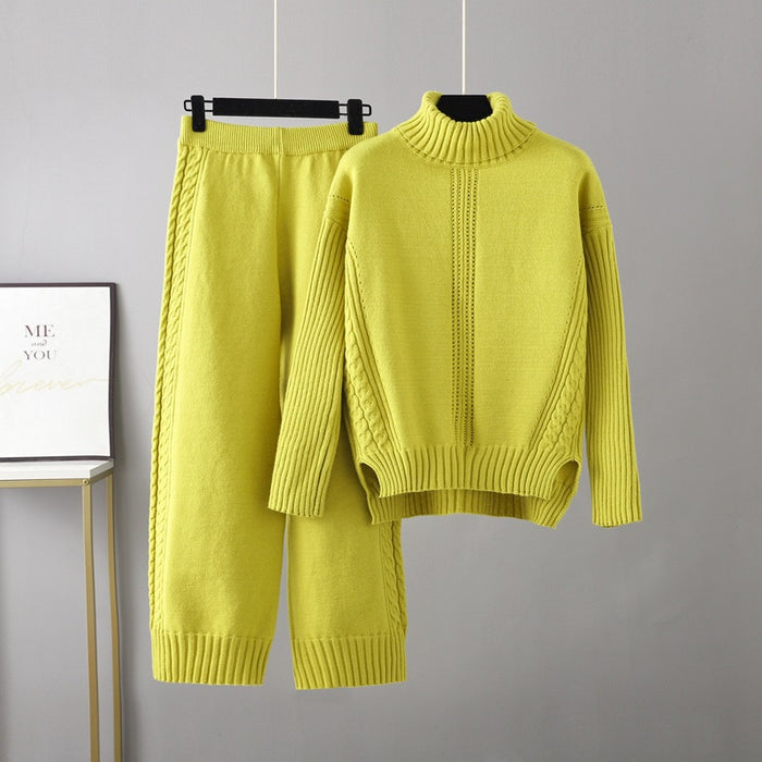 Color-Fruit Green-Turtleneck Pullover Thickened Knitting Sweater Casual Set Women Autumn Winter Loose Idle Wide Leg Pants Two Piece Set-Fancey Boutique
