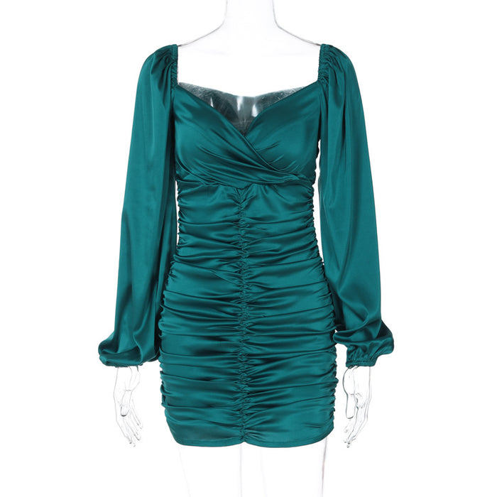 Color-Green-Women Clothing Winter Sexy Pleated Slim Sheath Dress-Fancey Boutique