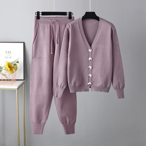 Color-Purple-Autumn Winter V neck Cardigan Sweater Harem Pants Suit Solid Color Cardigan Two Piece Sweater-Fancey Boutique