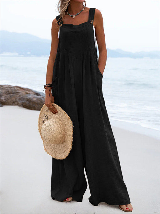 Color-Black-Summer New Women National Fashion Solid Color Buttons Sling Wide Leg Trousers Jumpsuit-Fancey Boutique