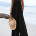 Color-Black-Summer New Women National Fashion Solid Color Buttons Sling Wide Leg Trousers Jumpsuit-Fancey Boutique