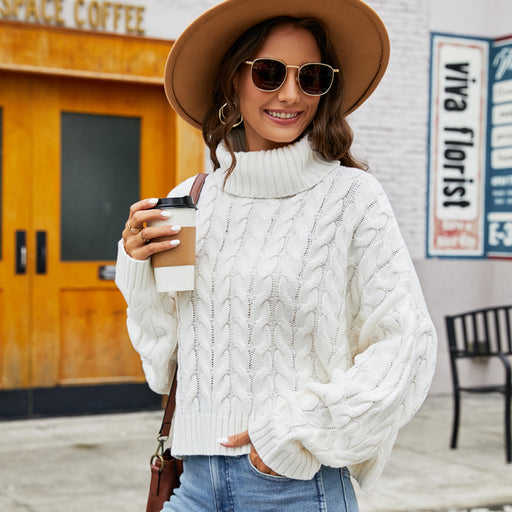 Color-White High Collar Sweater-Thick Hemp Floral Turtleneck Sweater Solid Color Casual Sweater Women Short Loose Pullover Sweater-Fancey Boutique