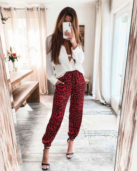 Color-Red-Summer New Trousers Fashion Casual Pants Leopard Print Forged Trousers Micro Elastic-Fancey Boutique