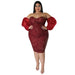 Color-Burgundy-Plus Size Sexy Sequ Dress Tube Top Mesh Solid Color Evening Dress Tight Sexy Hip-Fancey Boutique