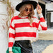 Color-Red and white stripes-Autumn Winter Casual Women Top Short Round Neck Knitwear Outer Wear Striped Contrast Color Mohair Sweater-Fancey Boutique