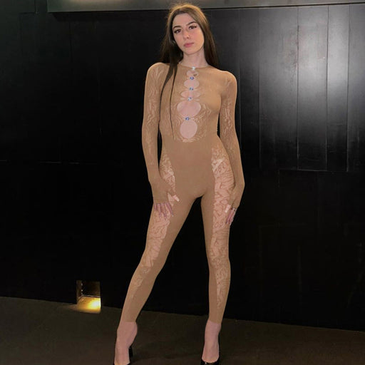 Color-Brown-Summer Women Clothing Sexy Hollow Out Cutout-out Tight Long Sleeve One Piece Trousers-Fancey Boutique