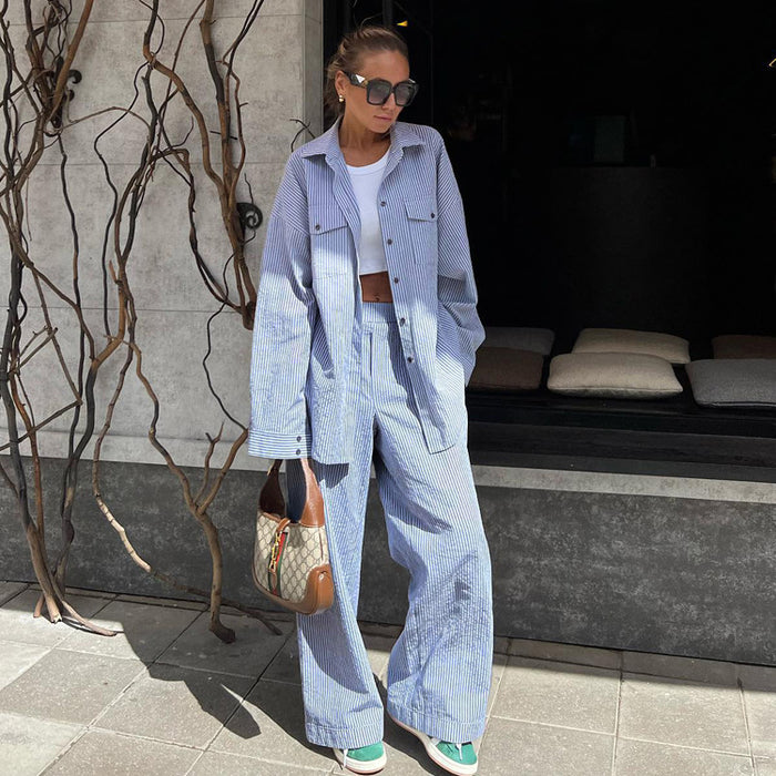 Blue Color Striped Collared Shirt Long Sleeve Wide Leg Pants Suit Loose Women Clothing-Fancey Boutique