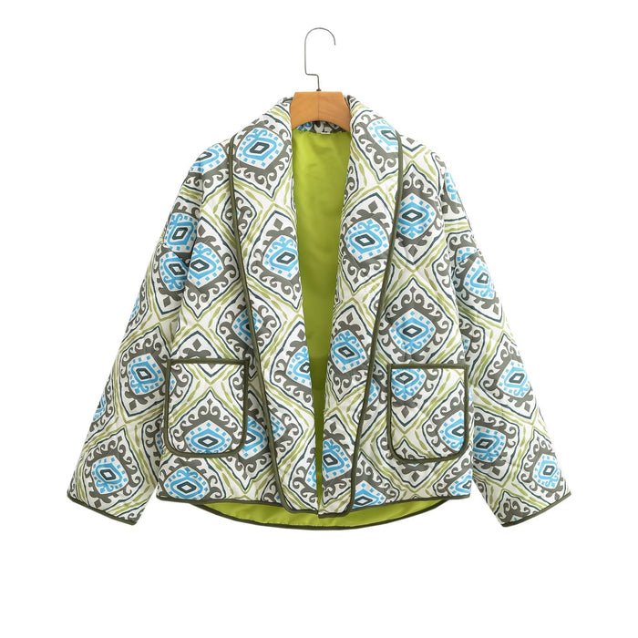 Color-Green-Fall Women Clothing Printed V neck Cardigan Loose Long Sleeve Casual Cotton Padded Clothes Coat-Fancey Boutique
