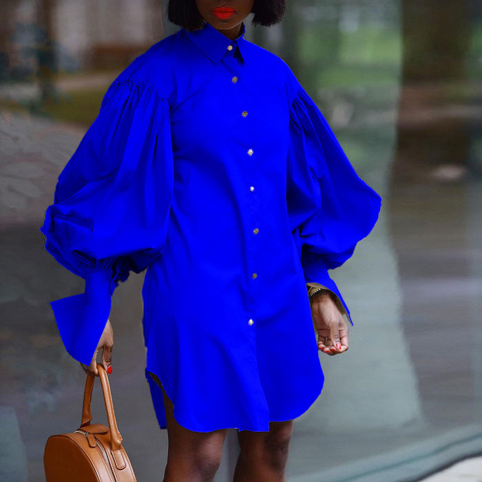 Color-Blue-Women Clothing Office Solid Color Shirt Dress Shirt-Fancey Boutique