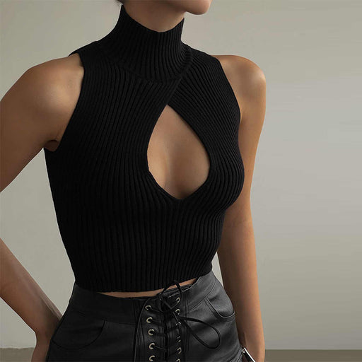 Color-Black-Women Clothing Autumn High Neck Sleeveless Chest Hollow Out Cutout Design Knitted Fabric Threaded Short Vest-Fancey Boutique