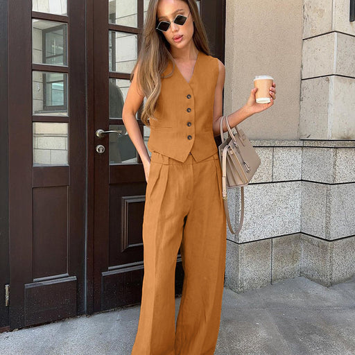 Solid Color Cotton Linen Office V neck Vest Trousers Two Piece Summer All-Matching Casual Set Women-Fancey Boutique