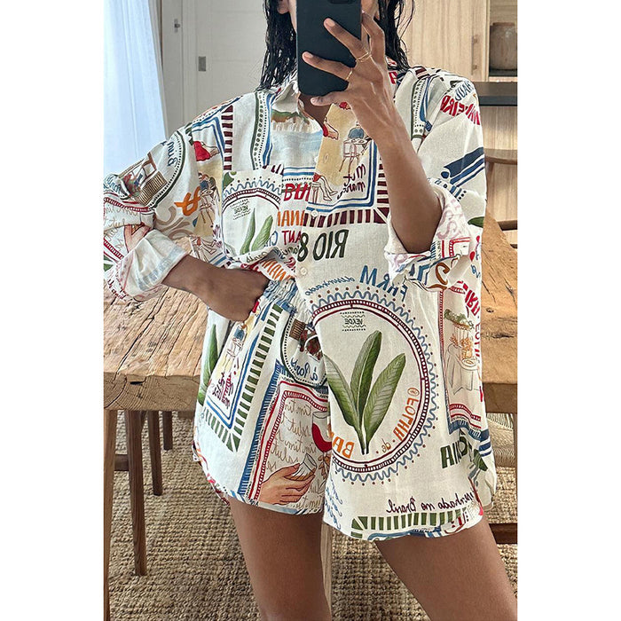 Long Sleeve Casual Suit Loose Vacation Drawstring Pocket Two Piece Set-Printed-Fancey Boutique