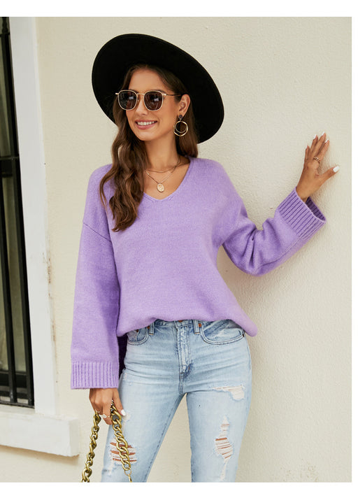 Color-violet-Women Clothing Long Sleeve V Neck Sweater Casual Loose Fitting Women Sweater-Fancey Boutique