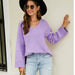 Color-violet-Women Clothing Long Sleeve V Neck Sweater Casual Loose Fitting Women Sweater-Fancey Boutique