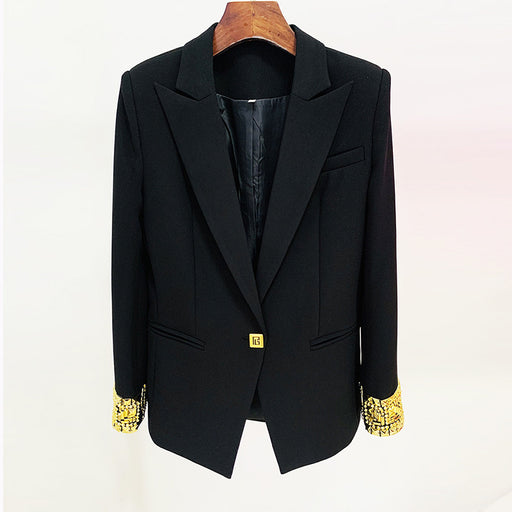Color-Black-Goods Stars Cuff Heavy Industry Beads One Button Mid-Length Blazer-Fancey Boutique