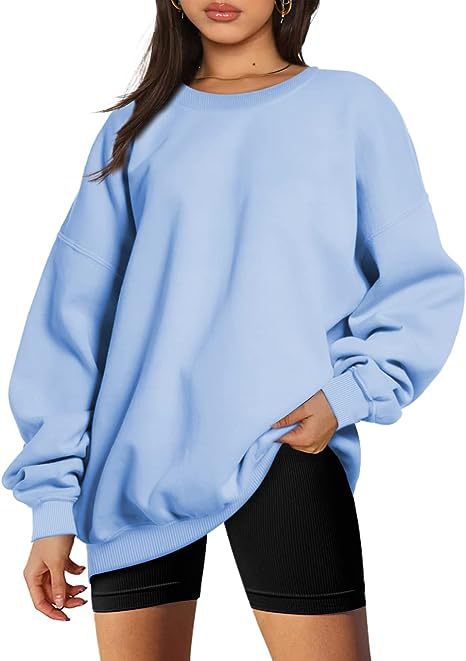 Color-Light Blue-Women Clothing Round Neck Pullover Loose Casual Fleece Lined Oversized Sweater-Fancey Boutique