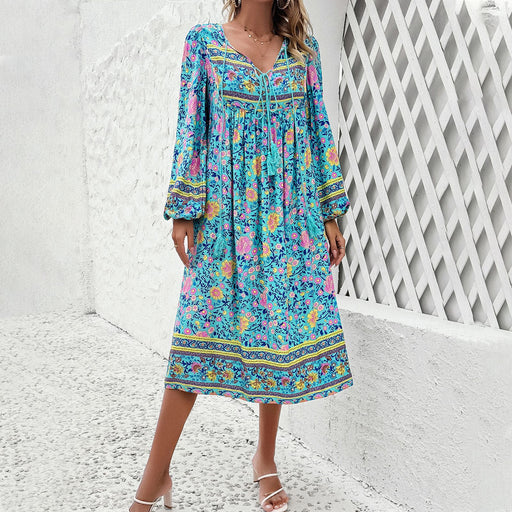 Color-Blue-Women Clothing Spring Summer Casual Holiday Floral Print Long Sleeve Dress-Fancey Boutique