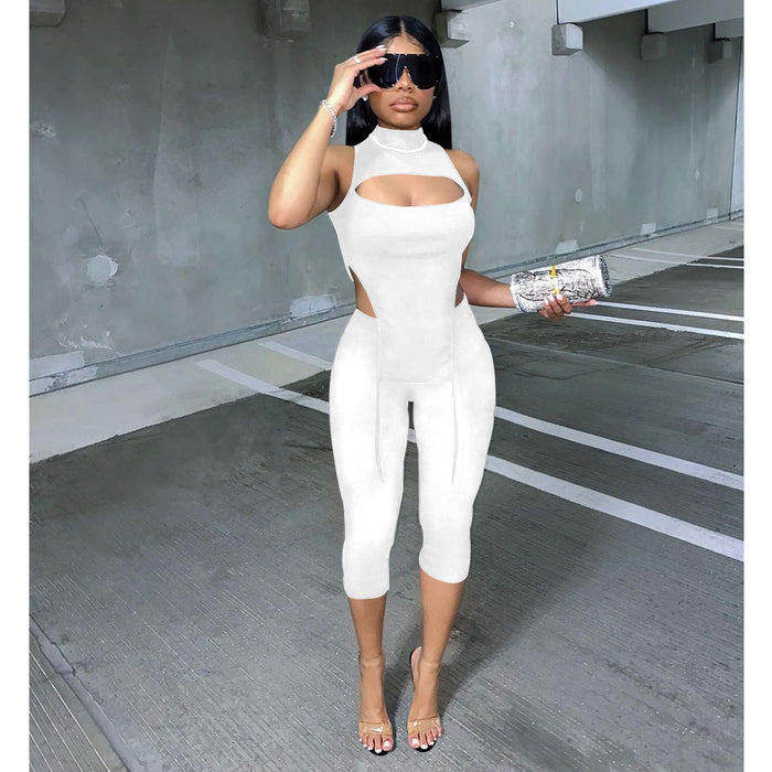 Color-White-Women Clothing Sexy Sleeveless Half Turtleneck Cropped Pants Two-Piece Solid Color Elastic Suit for Women-Fancey Boutique