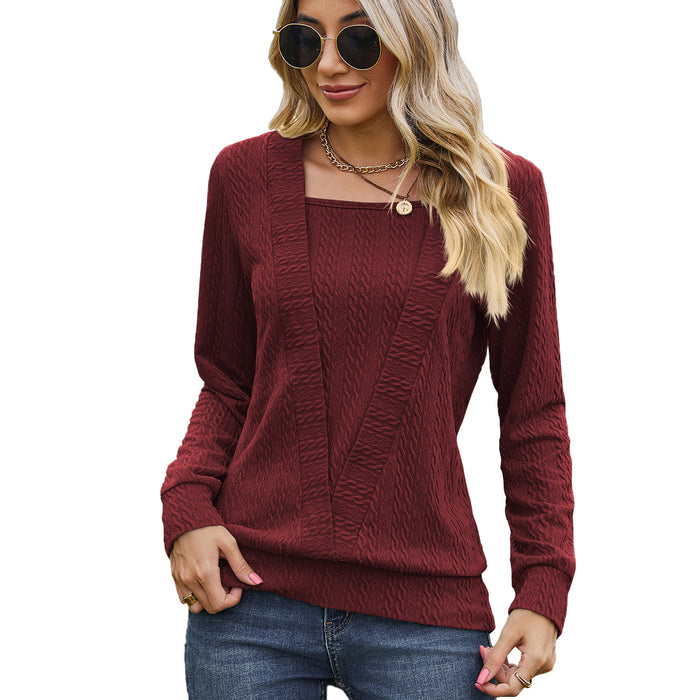 Color-Burgundy-Autumn Winter Solid Color Square Collar Cross Loose Long Sleeved T shirt Top Women-Fancey Boutique