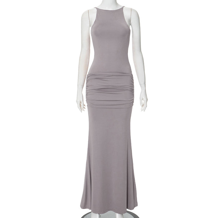 Women Clothing Summer Solid Color Bare Back High Waist Sling Dress-Gray-Fancey Boutique