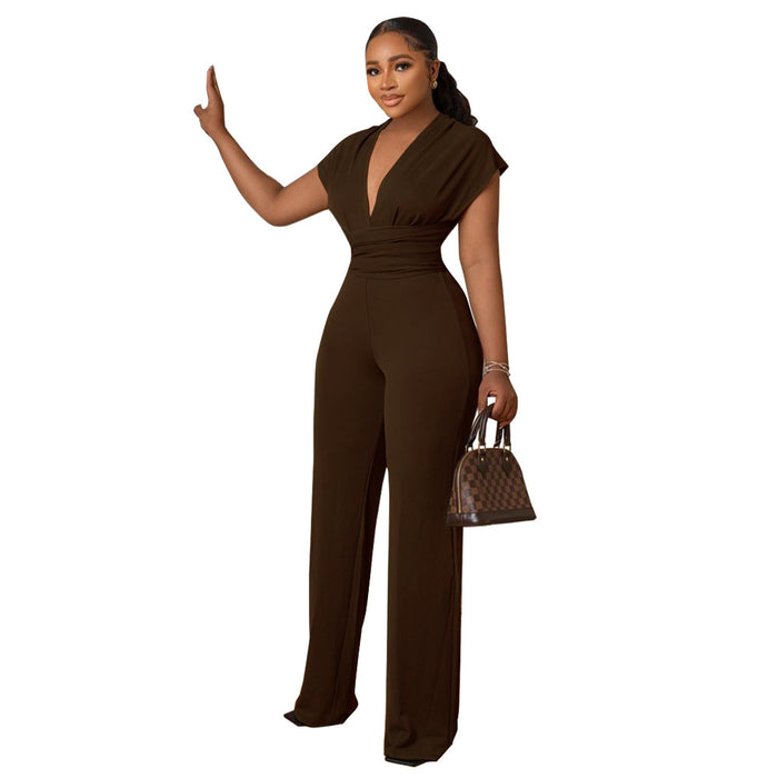 Color-Brown-Low Cut Solid Color Waist Tight Women Jumpsuit-Fancey Boutique