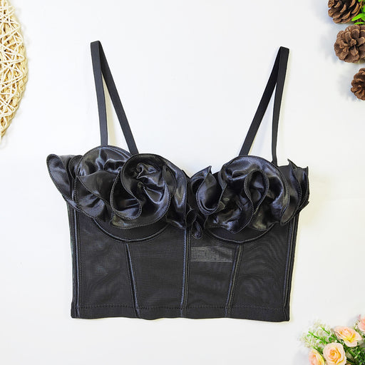 Elegant Elegant Elastic Mesh Camisole Women Summer Wooden Ear Tube Top Thin Boning Corset Top With Chest Pad-Black-Fancey Boutique
