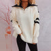 Color-White-Autumn Winter Loose Casual Zipper Collared Arm Striped Knitted Sweater Pullover Sweater-Fancey Boutique