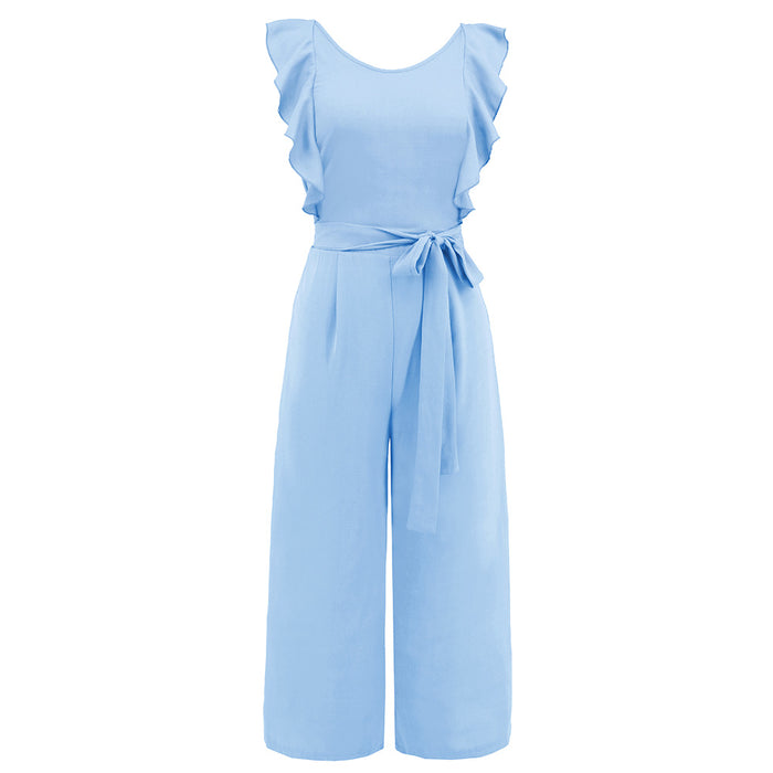 Color-Light Blue-Summer Women Clothing Flounce Sleeveless Lace up Jumpsuit Mid-Length Straight Leg Pants-Fancey Boutique