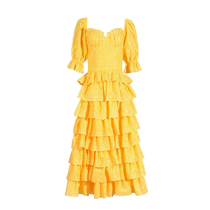 Party Dress Summer Square Collar Puff Sleeve Low Cut Design Waist Tight Multi Layer Dress-Yellow-Fancey Boutique