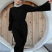 Long Sleeve High Waist Lace up Fall Winter Sweater Dress Solid Color Casual Base Knitting Long Dress-Black-Fancey Boutique