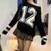 Street Cool Contrast Color Letter Graphic Woven off Shoulder Sweater Sexy Autumn Winter Loose All Matching Pullover Sweater-Fancey Boutique