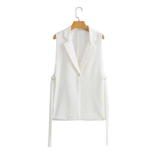 Color-White-Autumn Solid Color Tied Decorative Split Single Button Vest Blazer Vest-Fancey Boutique