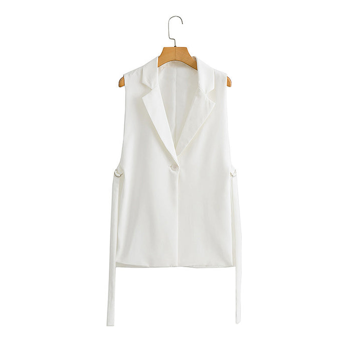 Color-White-Autumn Solid Color Tied Decorative Split Single Button Vest Blazer Vest-Fancey Boutique