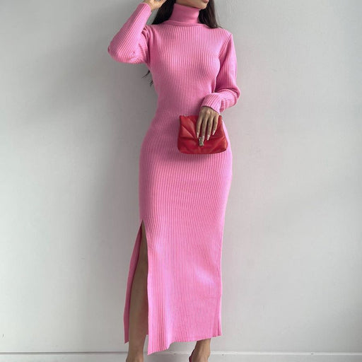 High Neck Split Knitted Dress Autumn Winter Long Sleeve Dress Sexy Sunken Stripe Skinny Sheath Sweater-Fancey Boutique