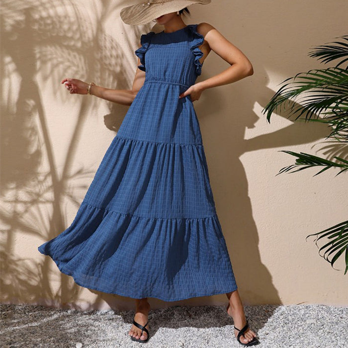 Color-Navy Blue-Women Wear Maxi Dress High Waist Layered Elegant Ruffled Slim Fitting Patchwork Dress-Fancey Boutique