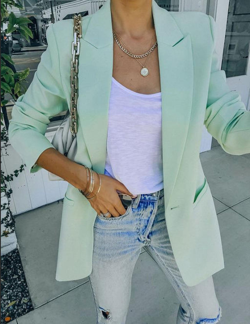 Color-Green-Autumn Winter Women Solid Color Collared Long Sleeve Small Blazer-Fancey Boutique