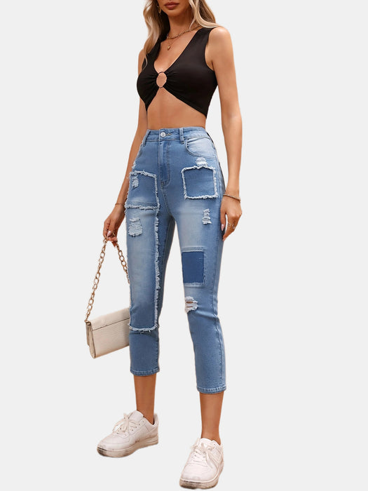 High Waist Ripped Cropped Pants Korean Casual Beggar Loose Straight Jeans-Fancey Boutique