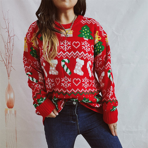 Color-Red-Christmas Sweater Christmas Stockings Snowflake Sweater Loose Round Neck Long Sleeve Sweater Women-Fancey Boutique