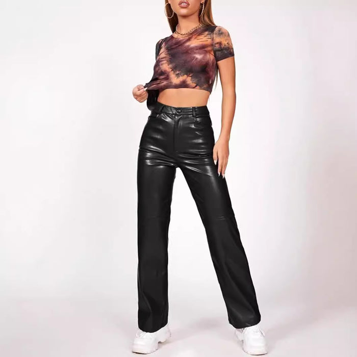 Women Pants High Waist Trousers Button Faux Leather Pocket Straight Leather Pants Autumn Winter-Fancey Boutique