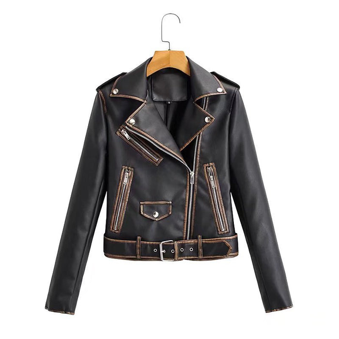 Color-Black-Spring Retro Faux Leather Coat Women Single Car Coat-Fancey Boutique