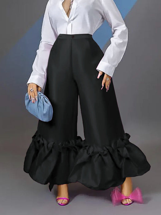 Color-Black-High Waist Loose Design Ruffles Wide Leg Bell Bottoms High Waist Flare Pants-Fancey Boutique